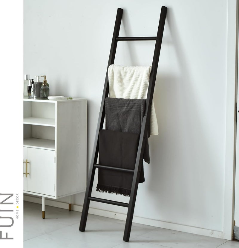 FUIN 6ft Wooden Black Blanket Ladder Living Room Decorative Wall Leaning Farmhouse Quilt Display Holder Rustic Wood Towel Rack for Bathroom - Image 3